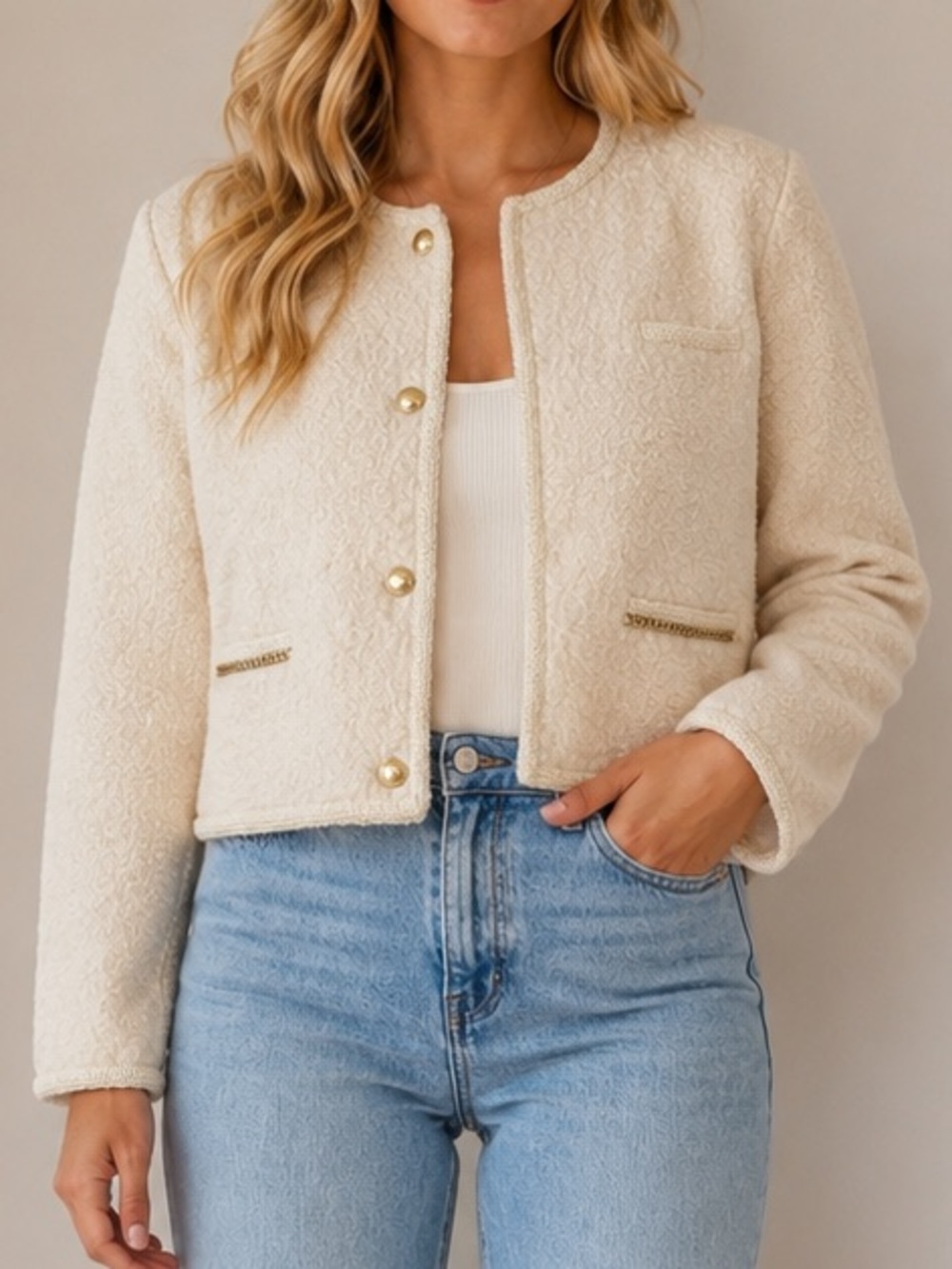 Future Collective Cropped Teddy Jacket Ivory Gold Trim Button Front Medium Cozy